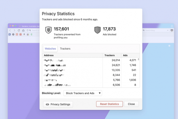 A browser panel showing privacy statistics